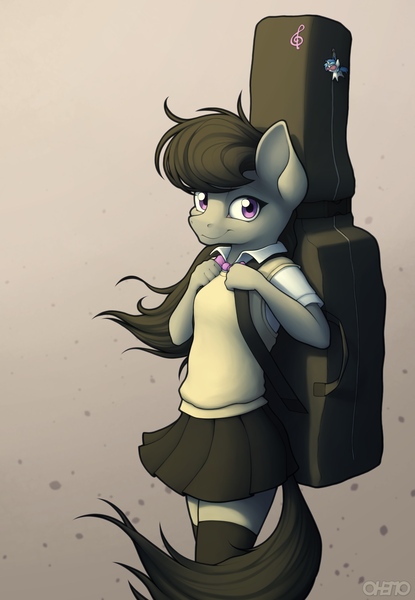 Size: 1800x2600 | Tagged: safe, artist:ohemo, derpibooru import, octavia melody, anthro, earth pony, pony, cello case, clothes, female, high res, image, looking at you, mare, png, purple eyes, skirt, smiling, solo, uniform