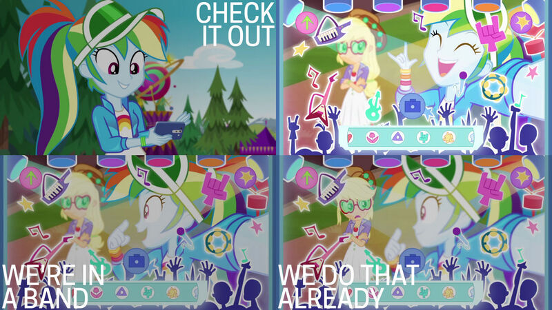 Size: 1280x720 | Tagged: safe, derpibooru import, edit, edited screencap, editor:quoterific, screencap, applejack, rainbow dash, equestria girls, equestria girls series, festival filters, spoiler:eqg series (season 2), ^^, crossed arms, cute, dashabetes, devil horn (gesture), duo, duo female, eyes closed, female, filters, geode of super strength, image, jpeg, magical geodes, mobile phone, music festival outfit, open mouth, phone, smartphone, smiling