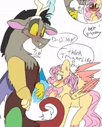 Size: 540x676 | Tagged: safe, artist:cocolove2176, derpibooru import, discord, fluttershy, draconequus, pegasus, pony, blushing, body swap, dialogue, discoshy, female, image, jpeg, male, mare, shipping, simple background, smiling, straight, two toned wings, white background, wings