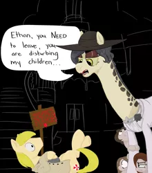 Size: 2982x3389 | Tagged: safe, artist:spagootispootis, derpibooru import, earth pony, giraffe, pony, female, filly, hug, image, lady dimitrescu, leg hug, male, png, resident evil, resident evil 8, sign, stallion, video game, village