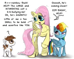 Size: 2500x1996 | Tagged: safe, artist:chopsticks, derpibooru import, fluttershy, pipsqueak, rainbow dash, earth pony, pony, adorable distress, cheek fluff, chest fluff, colt, crying, cute, dialogue, diverse body types, ear fluff, eep, female, image, male, mare, png, question mark, rainbow dash is not amused, raised hoof, shyabetes, smoldash, tallershy, text, unamused, unshorn fetlocks