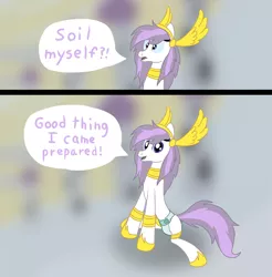 Size: 2000x2033 | Tagged: suggestive, artist:craftycirclepony, derpibooru import, oc, oc:athena, unofficial characters only, pony, 2 panel comic, athena lanty zupondonia, comic, dialogue, diaper, diaper fetish, female, fetish, guardians of pondonia, high res, image, jewelry, looking at you, mare, non-baby in diaper, png, regalia, sitting, smiling, solo, surprised