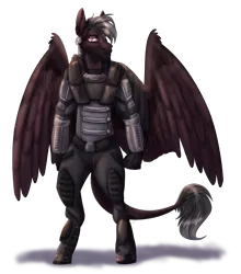 Size: 1057x1200 | Tagged: artist needed, safe, derpibooru import, oc, oc:stygian crosswind, anthro, pegasus, unguligrade anthro, fallout equestria, armor, clenched fist, enclave, grand pegasus enclave, image, leonine tail, png, sideburns, solo, wings