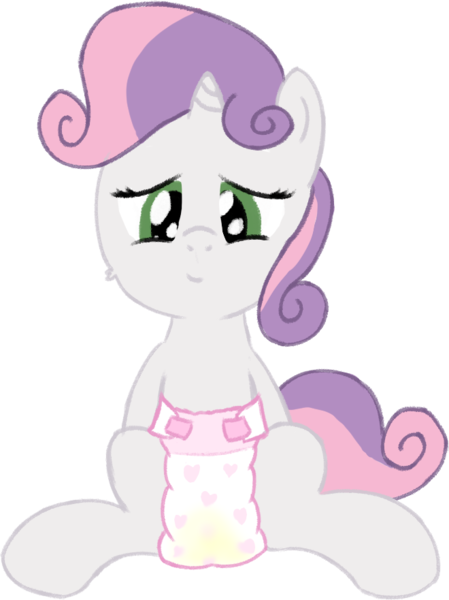 Size: 660x881 | Tagged: questionable, artist:craftycirclepony, derpibooru import, sweetie belle, pony, cheek fluff, cute, diaper, diaper fetish, female, fetish, filly, heart, image, lidded eyes, looking at you, looking down, pissing, png, simple background, sitting, smiling, solo, spread legs, spreading, transparent background, urine, wet diaper, wetness indicator