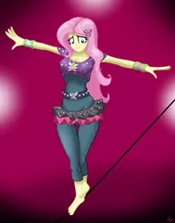Size: 2849x3630 | Tagged: safe, artist:lennondash, derpibooru import, fluttershy, equestria girls, barefoot, breasts, feet, high res, image, lip bite, nervous, outstretched arms, png, solo, tightrope