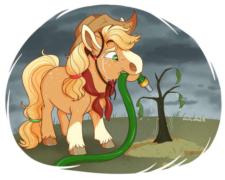 Size: 1500x1201 | Tagged: safe, artist:owlcoholik, derpibooru import, applejack, earth pony, pony, applejack's hat, blaze (coat marking), cowboy hat, crying, dappled, hat, hose, image, mouth hold, neckerchief, plant, png, socks (coat marking), solo, watering