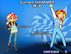 Size: 2160x1620 | Tagged: safe, artist:forzaveteranenigma, derpibooru import, sunset shimmer, human, fanfic:equestria motorsports, equestria girls, ear piercing, earring, human coloration, humanized, image, in the air, jewelry, jumping, lamborghini, piercing, png, racing suit, watermark