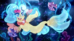 Size: 1280x720 | Tagged: safe, artist:cometsparke, derpibooru import, princess skystar, shelldon, shelly, seapony (g4), my little pony: the movie, bioluminescent, blue eyes, blushing, dorsal fin, female, fins, fish tail, flower, flower in hair, freckles, image, jewelry, necklace, open mouth, pearl necklace, png, seaquestria, seashell, seaweed, smiling, solo, swimming, tail, underwater, water