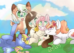 Size: 2048x1462 | Tagged: safe, artist:anxioussartist, derpibooru import, oc, oc:platinum band, unofficial characters only, alicorn, butterfly, deer, insect, pony, unicorn, alicorn oc, cloud, grass, horn, image, jpeg, wings