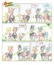 Size: 800x948 | Tagged: safe, artist:cindertale, derpibooru import, oc, oc:cinder, unofficial characters only, changedling, changeling, deer, pegasus, pony, unicorn, changedling oc, changeling oc, chest fluff, clothes, comic, deer oc, dialogue, horn, image, jacket, jpeg, looking back, male, outdoors, pegasus oc, pronking, raised hoof, stallion, traditional art, unicorn oc, wings