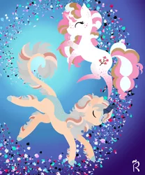 Size: 1920x2304 | Tagged: safe, artist:dawn-designs-art, derpibooru import, oc, oc:pink pepper, oc:quicksilver pique, kirin, pony, unicorn, abstract, abstract art, abstract background, commission, commissions open, female, floating, image, jpeg, male, mare, modern art, stallion
