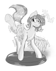 Size: 2550x3248 | Tagged: safe, artist:helixjack, derpibooru import, oc, unofficial characters only, latex pony, original species, pegasus, pony, bondage, encasement, female, grayscale, image, inanimate tf, latex, living latex, living statue, mare, monochrome, onomatopoeia, png, raised leg, shiny, solo, sound effects, transformation, worried