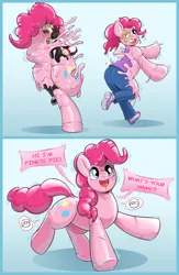 Size: 3300x5050 | Tagged: safe, artist:helixjack, derpibooru import, pinkie pie, earth pony, human, pony, bondage, doll, dollified, encasement, gradient background, image, inanimate tf, jpeg, latex, living latex, merging, ponysuit, rubber, toy, transformation, transformation sequence