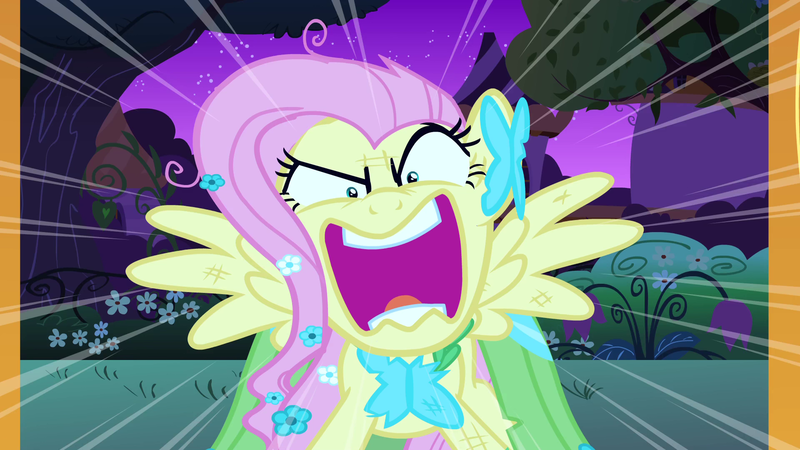 Size: 1920x1080 | Tagged: safe, derpibooru import, screencap, fluttershy, pegasus, pony, the best night ever, angry, breaking the fourth wall, clothes, dress, female, flutterrage, gala dress, glare, gritted teeth, image, looking at you, mare, messy mane, night, open mouth, outdoors, png, rage, scary, scratches, solo, spread wings, teeth, tree, wings, you're going to love me