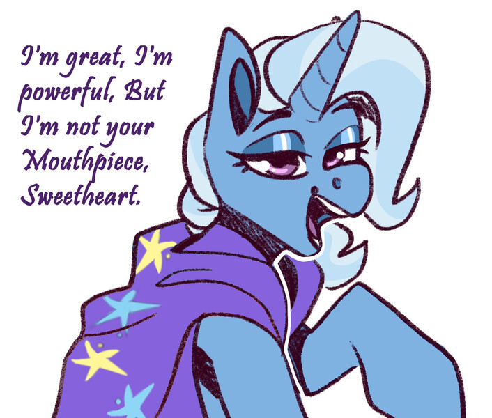 Size: 1550x1317 | Tagged: safe, artist:lrusu, edit, editor:edits of hate, trixie, pony, unicorn, cape, clothes, female, image, jpeg, lidded eyes, looking at you, mare, raised hoof, simple background, smug, trixie's cape, white background