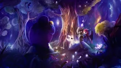 Size: 3840x2160 | Tagged: safe, artist:stdeadra, derpibooru import, oc, pegasus, pony, unicorn, crossover, flower, forest, image, jpeg, magic, night, ori, scenery, scenery porn, sky, tree