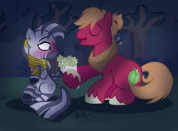 Size: 1800x1331 | Tagged: safe, artist:gallantserver, artist:thepegasisterpony, derpibooru import, big macintosh, zecora, pony, zebra, alternate hairstyle, base used, blushing, bouquet, ear piercing, earring, eyes closed, female, flower, forest, image, jewelry, macora, male, night, piercing, png, shipping, sitting, stallion, story included, straight, tree