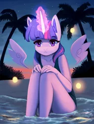 Size: 1400x1842 | Tagged: safe, artist:mrscroup, derpibooru import, twilight sparkle, alicorn, anthro, clothes, evening, floating wings, glowing horn, horn, image, jpeg, ocean, one-piece swimsuit, palm tree, solo, sukumizu, sunset, swimsuit, tree, twilight sparkle (alicorn), wings