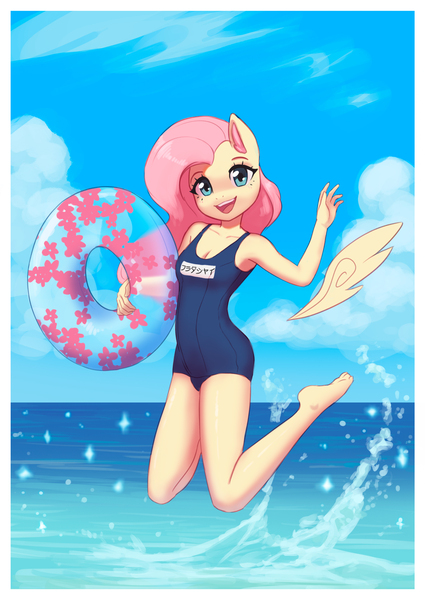 Size: 1920x2713 | Tagged: safe, artist:mrscroup, derpibooru import, fluttershy, anthro, pegasus, plantigrade anthro, breasts, cleavage, clothes, floating wings, image, inflatable toy, jpeg, ocean, one-piece swimsuit, school swimsuit, solo, sukumizu, swimsuit, water, wings