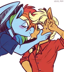 Size: 1451x1640 | Tagged: safe, artist:lrusu, derpibooru import, applejack, rainbow dash, anthro, earth pony, pegasus, pony, appledash, blushing, clothes, dirty, eyes closed, female, image, jpeg, kissing, lesbian, midair, scuff mark, shipping, shirt, sweat, sweatdrop, wings