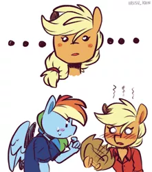 Size: 1451x1640 | Tagged: safe, artist:lrusu, derpibooru import, applejack, rainbow dash, anthro, ..., appledash, blushing, fanning, female, hunched over, image, jpeg, lesbian, post-kiss, shipping, sizzling, sweat, sweatdrops, wings