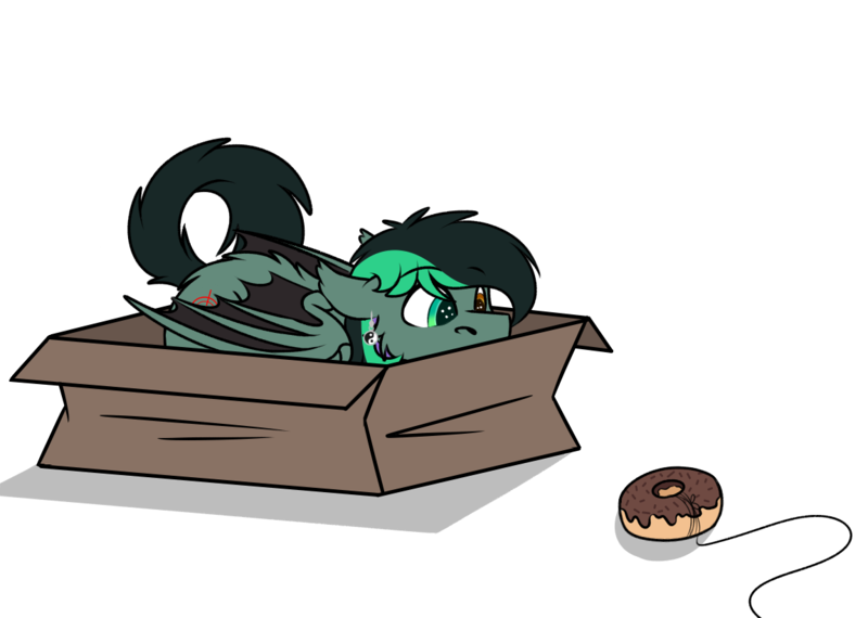 Size: 1152x821 | Tagged: safe, artist:rokosmith26, derpibooru import, part of a set, oc, oc:target strike, unofficial characters only, bat pony, pony, bait, bat pony oc, bat wings, behaving like a cat, box, butt fluff, commission, donut, ear piercing, earring, eyes on the prize, floppy ears, fluffy, food, heterochromia, if i fits i sits, image, imminent pounce, jewelry, looking at something, lying down, male, part of a series, piercing, png, pony in a box, roko's hunting ponies, simple background, solo, stallion, string, tail, transparent background, wings, ych result