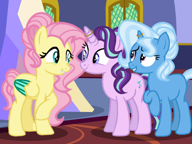 Size: 1024x768 | Tagged: safe, artist:clitterpawristic, derpibooru import, fluttershy, starlight glimmer, trixie, female, glimmershy, image, lesbian, png, polyamory, shipping, startrix, startrixshy, trixieshy