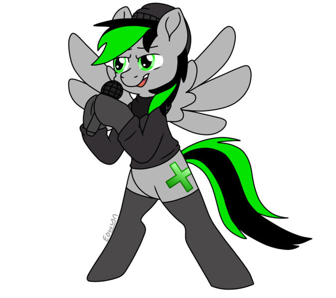 Size: 1670x1485 | Tagged: safe, artist:eowyn, derpibooru import, oc, oc:nighty, unofficial characters only, pegasus, beanie, clothes, friday night funkin', green and black mane, green and black tail, green eyes, hat, hoodie, image, male, microphone, pegasus oc, png, simple background, singing, socks, solo, solo male, spread wings, transparent background, veil, wings