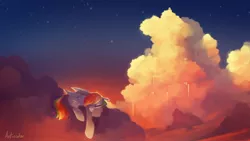 Size: 2560x1440 | Tagged: safe, artist:anticular, derpibooru import, rainbow dash, pegasus, pony, cloud, eyes closed, image, jpeg, sky, sleeping, solo, sunset