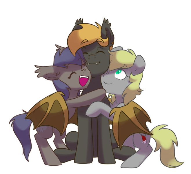 Size: 937x853 | Tagged: safe, artist:chub-wub, derpibooru import, oc, oc:night skies, oc:penny valencia, oc:solar flux, bat pony, pegasus, pony, female, hug, image, male, mare, memorial, png, smiling, stallion, winghug, wings