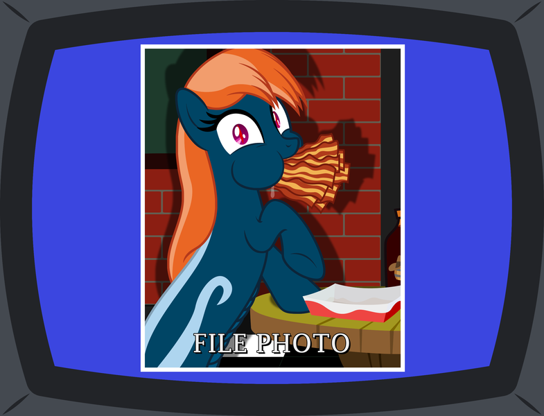 Size: 2584x1975 | Tagged: safe, artist:badumsquish, derpibooru import, oc, oc:kalianne, lamia, monster pony, original species, anger burger, bacon, bottle, caption, crt tv, derpibooru exclusive, eating, female, file photo, food, gentlemen, image, looking at you, meat, open mouth, png, puffy cheeks, red eye, restaurant, sarsaparilla, shadow, show accurate, simpsons did it, soda bottle, solo, squishy cheeks, table, television, text, the simpsons