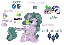 Size: 1280x911 | Tagged: safe, artist:skydreamplayzz, derpibooru import, rarity, spike, oc, oc:clarity, dracony, hybrid, pony, chest fluff, claws, dragon wings, female, image, interspecies offspring, lidded eyes, male, mare, offspring, parent:rarity, parent:spike, parents:sparity, png, reference sheet, shipping, simple background, smiling, smirk, solo, sparity, straight, transparent background, wings