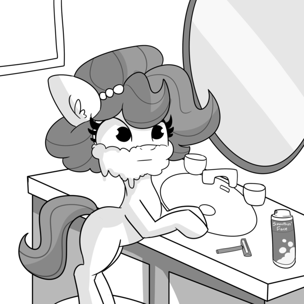 Size: 3000x3000 | Tagged: safe, artist:tjpones, derpibooru import, oc, oc:brownie bun, unofficial characters only, earth pony, pony, bathroom, bipedal, bipedal leaning, black and white, female, grayscale, image, leaning, mare, mirror, monochrome, png, razor, shaving, shaving cream, sink, solo