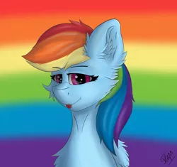 Size: 2838x2663 | Tagged: safe, artist:flapstune, derpibooru import, rainbow dash, pegasus, pony, blue background, bust, cheek fluff, chest fluff, ear fluff, female, fluffy, image, looking at you, mare, png, rainbow background, signature, simple background, smiling, solo, tongue out, wings