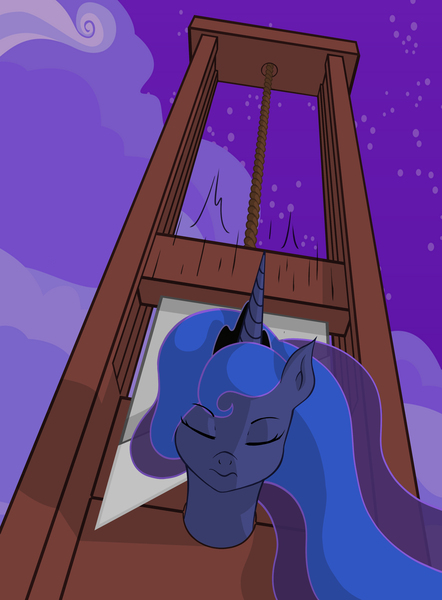 Size: 2659x3609 | Tagged: artist needed, semi-grimdark, derpibooru import, princess luna, alicorn, pony, abuse, execution, female, guillotine, image, imminent decapitation, jpeg, lunabuse, murder, regicide, royalty