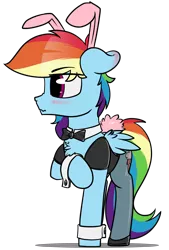 Size: 3240x4800 | Tagged: safe, artist:dacaoo, derpibooru import, edit, rainbow dash, pegasus, pony, blushing, bowtie, bunny ears, bunny suit, bunny tail, chest fluff, clothes, cuffs (clothes), cute, ear blush, eyebrows visible through hair, floppy ears, folded wings, image, leotard, looking away, nose wrinkle, one hoof raised, pantyhose, png, simple background, transparent background, wavy mouth, wings