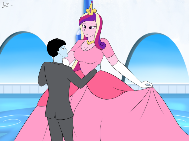Size: 1024x768 | Tagged: safe, artist:egstudios93, derpibooru import, princess cadance, oc, oc:gracefuleg, human, clothes, crystal empire, dancing, dress, gown, image, png, size difference, tall