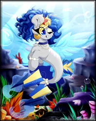 Size: 1280x1628 | Tagged: safe, artist:woonborg, derpibooru import, oc, unofficial characters only, seapony (g4), starfish, blue eyes, bubble, clothes, collar, coral, ear fluff, eyelashes, fin wings, fish tail, flowing tail, image, jewelry, jpeg, necklace, ocean, one eye closed, pearl necklace, seaweed, see-through, solo, sunlight, tail, underwater, water, wings, wink