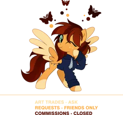 Size: 926x863 | Tagged: safe, artist:pumpkinpieforlife, derpibooru import, oc, oc:goldi, unofficial characters only, butterfly, insect, pegasus, advertisement, art trade, clothes, colored wings, commission, commission info, cute, drawstrings, freckles, hoodie, image, looking at you, movie accurate, multicolored wings, ocbetes, one eye closed, pegasus oc, png, profile, raised hoof, request, socks (coat marking), two toned mane, two toned wings, wings, wink, winking at you