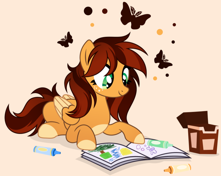 Size: 978x776 | Tagged: safe, artist:pumpkinpieforlife, derpibooru import, edit, editor:nc-tv, oc, oc:goldi, unofficial characters only, butterfly, insect, pegasus, art trade, box, colored wings, coloring book, commission, crayon, crayons, cropped, cute, drawing, freckles, image, looking down, multicolored wings, ocbetes, pegasus oc, png, profile, request, smiling, socks (coat marking), two toned mane, two toned wings, wings