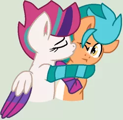 Size: 487x476 | Tagged: safe, artist:jadethepegasus, artist:madzbases, derpibooru import, hitch trailblazer, zipp storm, earth pony, pegasus, pony, clothes, eyes closed, female, g5, gray background, hitchzipp, hug, image, kiss on the cheek, kissing, male, mare, markings, png, shipping, simple background, socks, stallion, straight, striped socks