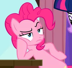 Size: 1073x1008 | Tagged: safe, derpibooru import, edit, edited screencap, screencap, pinkie pie, twilight sparkle, twilight sparkle (alicorn), alicorn, earth pony, pony, a trivial pursuit, confession, eyebrows, eyelashes, hoof on hip, image, not amused face, offscreen character, pinkie pie is not amused, png, unamused