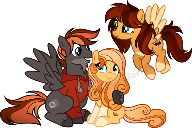 Size: 1920x1283 | Tagged: safe, artist:pumpkinpieforlife, derpibooru import, oc, oc:goldi, oc:goldi's dad, oc:goldi's mom, unofficial characters only, pegasus, pony, beard, facial hair, family, father and child, father and daughter, female, flying, gradient mane, happy, happy family, hoof around neck, image, looking at each other, looking down, male, mare, mother and child, mother and daughter, pegasus oc, png, sitting, smiling, socks (coat marking), stallion, two toned mane, two toned wings, vector, watermark, wings