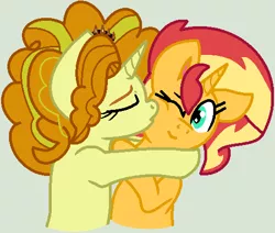 Size: 490x416 | Tagged: safe, artist:jadethepegasus, artist:madzbases, derpibooru import, adagio dazzle, sunset shimmer, ponified, pony, unicorn, equestria girls ponified, eyes closed, female, gray background, hug, image, kiss on the cheek, kissing, lesbian, mare, one eye closed, png, raised hoof, shipping, simple background, sunsagio, wink