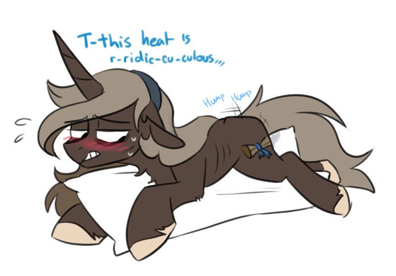 Size: 1170x817 | Tagged: questionable, artist:redxbacon, derpibooru import, oc, oc:parch well, pony, unicorn, blushing, brown coat, cutie mark, dialogue, estrus, female, flustered, heat, hooves, horny, humping, image, mare, pillow, pillow humping, png, ribs, sex, simple background, white background