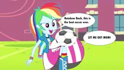 Size: 1024x576 | Tagged: safe, artist:voreediter, derpibooru import, edit, edited screencap, screencap, rainbow dash, equestria girls, equestria girls (movie), 1000 hours in ms paint, canterlot high, cursed image, daughter, eaten alive, endosoma, female, football, image, mother, mother and child, mother and daughter, non-fatal vore, png, preddash, preydash, soccer field, sports, stomach noise, vore, wat