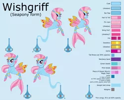 Size: 17280x13953 | Tagged: safe, artist:ethanjacobsyrosca, derpibooru import, oc, oc:wishgriff, unofficial characters only, genie, seapony (g4), absurd resolution, blue background, bottle, bracelet, circlet, clothes, gold, image, jewelry, leggings, looking at you, not silverstream, png, redesign, reference sheet, simple background, smiling, solo, vector, wing jewelry