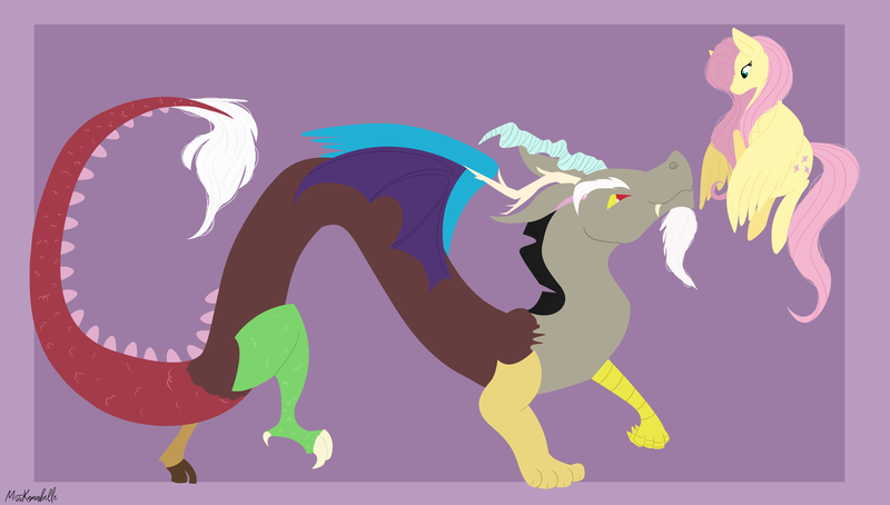 Size: 10207x5792 | Tagged: safe, artist:misskanabelle, derpibooru import, discord, fluttershy, draconequus, pegasus, pony, abstract background, absurd resolution, female, flying, image, male, mare, png, signature