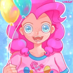 Size: 1280x1280 | Tagged: safe, artist:tehnutball, derpibooru import, pinkie pie, human, balloon, bust, clothes, colored pupils, creepy, female, freckles, humanized, image, jpeg, open mouth, shirt, solo, t-shirt