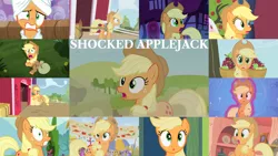 Size: 1280x721 | Tagged: safe, derpibooru import, edit, edited screencap, editor:quoterific, screencap, applejack, earth pony, pony, unicorn, a bird in the hoof, apple family reunion, applebuck season, applejack's "day" off, do princesses dream of magic sheep, fall weather friends, griffon the brush off, honest apple, it ain't easy being breezies, look before you sleep, made in manehattan, over a barrel, party of one, season 1, season 2, season 3, season 4, season 5, season 6, season 7, the cutie pox, :o, apple, applejack's hat, cowboy hat, female, food, golden oaks library, hat, image, library, mare, open mouth, png, scared, shocked, shocked expression, solo, sweet apple acres, sweet apple acres barn, tree, wagon, wide eyes